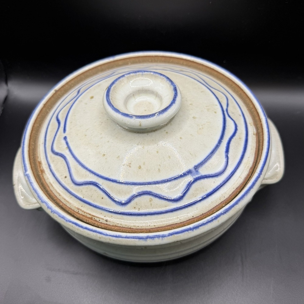 VTG Lidded Studio Pottery Casserole Dish Unsigned Blue/Off White Glaze StoneWARE